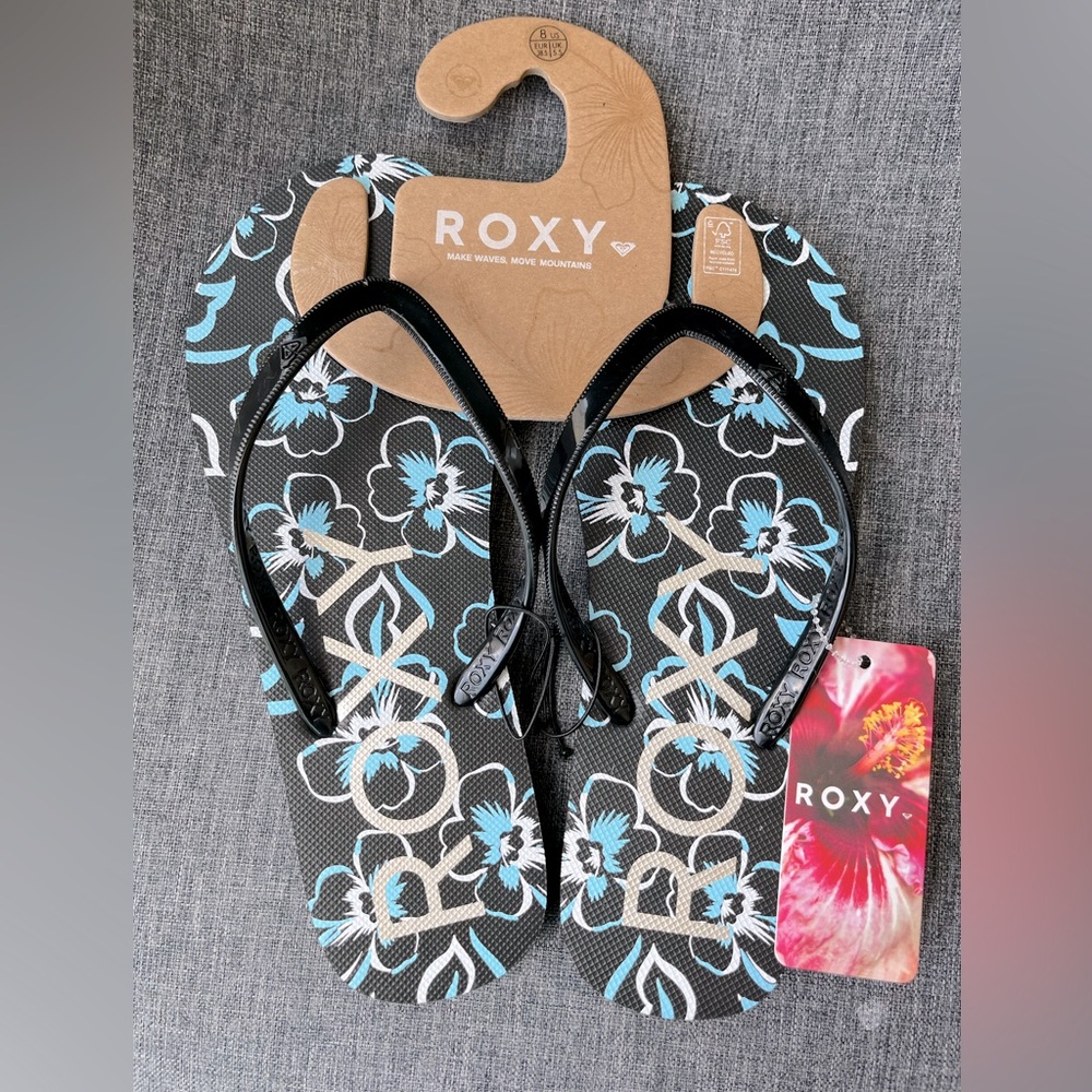ROXY Blue & White Hibiscus Floral Print Sandals Flip Flops Women’s Size 8/9 NWT